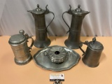 6 pc. lot of antique German pewter steins, platter, candleholder, see pics.