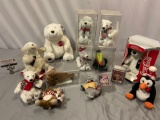 Lot of Coca-Cola brand plush stuffed animal toys, polar bears, poodle, 2 trading cards sets.