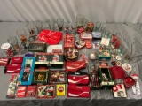 Gigantic mixed lot of Coca-Cola brand collectibles: wallets, bags, glasses, enamel pins, Christmas