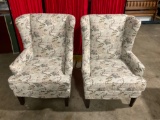 Pair of asian-themed upholstered wingback chairs by Jofran.