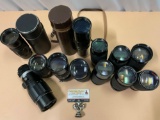 12 pc. lot of used camera lenses, 2 w/ case; Taikanar, Tele-Lentar, JCPenney, Albinar, Makinon &