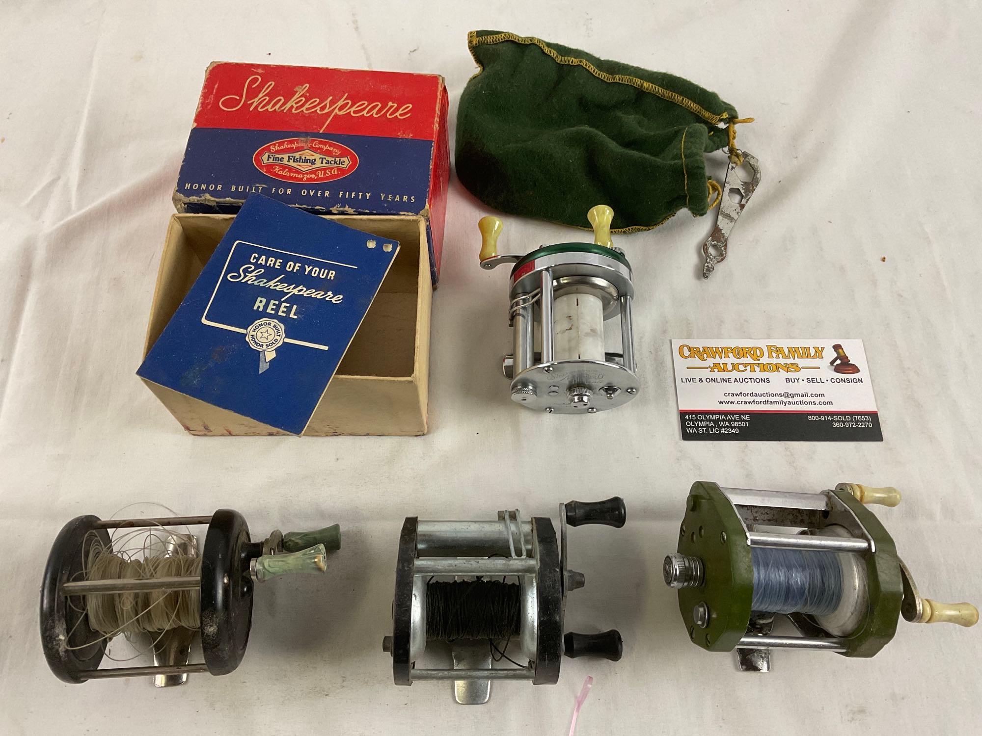 4 pc. lot of vintage fishing reels; SHAKESPEARE