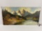 Original oil on canvas vintage Alpine scene painting signed by artist Bauer, approx 39 x 20 in.