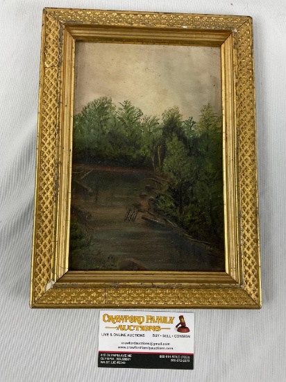 Antique framed original nature scene painting on board, approx 8 x 11 in.