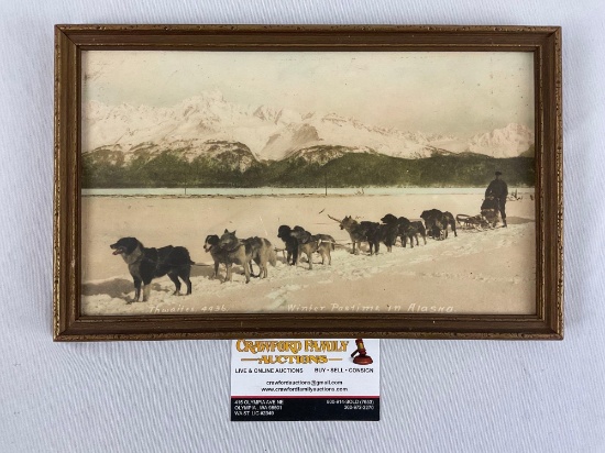 Framed antique dog sled tinted photograph WINTER PASTIME IN ALASKA, Thwaites 4436, nice piece