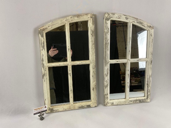 Pair of rustic wood frame window shutters w/ mirrors, approx 15 x 27 in.
