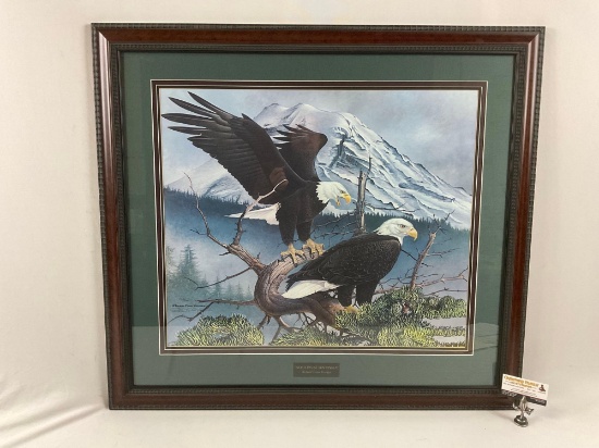 Lg. 1980 framed signed bald eagles art print NORTHWEST SENTINELS by Richard Evans Younger w/ COA,