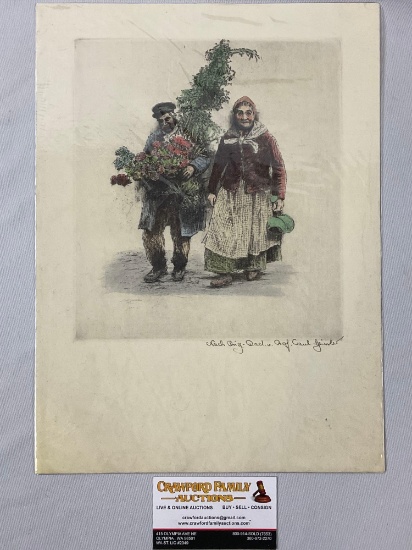 Vintage signed etching of Old Couple by Professor Paul Geissler, approx 10 x 13.5 in.