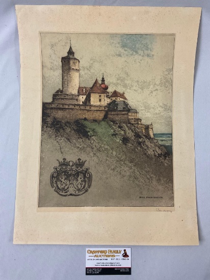 Vintage signed etching of BVRG FORCHTENSTEIN by Josef Eidenberger, approx 14 x 19 in.