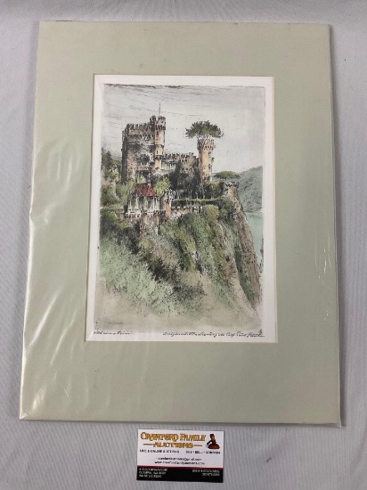 Vintage signed color castle etching RHEINSTEIN by Professor Paul Geissler, approx 13 x 17 in.