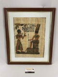 Framed vintage Egyptian papyrus pharaoh art work, approx 18 x 22 in.