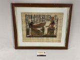 Framed vintage Egyptian papyrus pharaoh art work, approx 22 x 18 in.