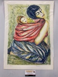 Vintage signed / numbered art print of mother w/ child on back by unknown artist, #ed 133/275