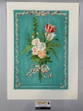 Vintage signed / numbered original art print of flowers on blue by unknown artist, #ed 11/275