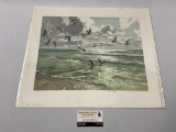 Vintage signed / numbered etching art print of seagulls above waves by Hans Figuera, #ed F 30/250