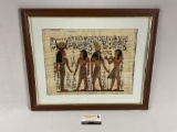Framed vintage Egyptian papyrus pharaoh art work, approx 22 x 18 in.