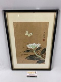Vintage framed Japanese flower & butterfly painting signed by artist, approx 14 x 20 in.