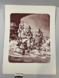 Vintage 1979 pencil signed art print of old people sitting by DIEGO VOCI, #ed 53/720