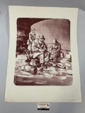 Vintage 1979 pencil signed art print of old people sitting by DIEGO VOCI, #ed 55/720