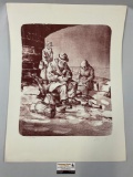 Vintage 1979 pencil signed art print of old people sitting by DIEGO VOCI, #ed 54/720