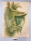 Vintage pencil signed / numbered nude female portrait art print by Francis De Lassus Saint-Genies,