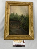Antique framed original nature scene painting on board, approx 8 x 11 in.