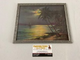 Framed vintage tropical beach art print, approx 11 x 9 in.