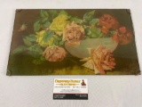 Vintage reverse glass floral art print, approx 14 x 8 in.