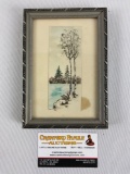 Small framed original artwork of tress by water signed by artist Rosie, approx 5 x 7 in.
