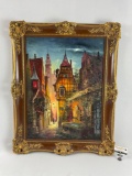 Large ornately framed original romantic European city canvas painting signed by artist, approx 31 x
