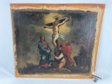 Antique canvas painting affixed to board of the crucifixion of Jesus Christ, Christian religious