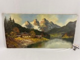 Original oil on canvas vintage Alpine scene painting signed by artist Bauer, approx 39 x 20 in.