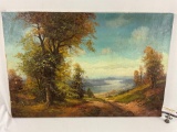 Antique original canvas oil painting of scenic nature view signed by artist Brauer