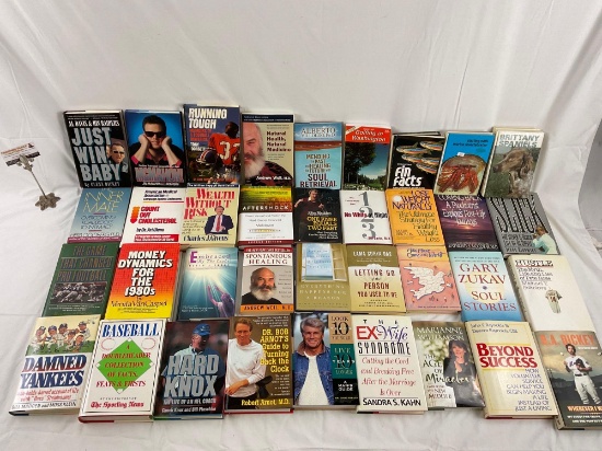 Lot of mostly hardcover books on sports, health/healing, biographies, see pics.