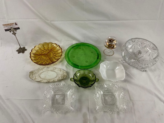 9 pc. mixed lot of vintage glass tableware & decor; crystal footed bowl, milk glass dish, & more.