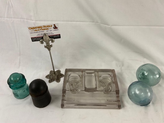 5 pc. lot of vintage glass / rubber insulators, glass ink well desk set holder, & 2 blue glass float
