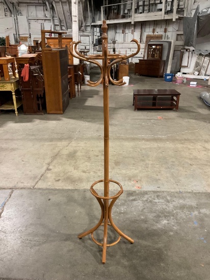 Wooden coat rack with umbrella holder ring. See pics.
