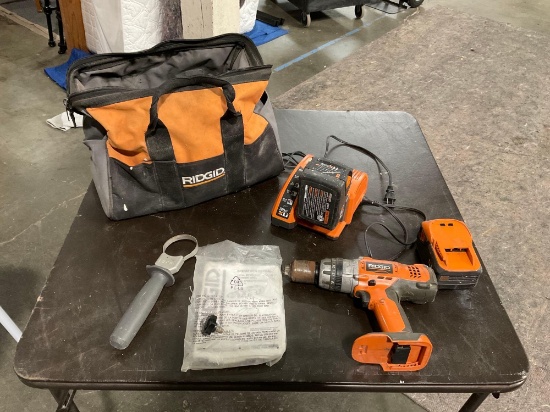 RIGID 1/2" 24v Lithium Ion Hammer Drill, batteries, charger and bag. Model R851150.