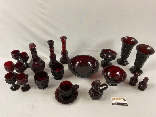 21 pc. lot of vintage AVON Centennial Collection red glass tableware, vases, bowl, shakers & more