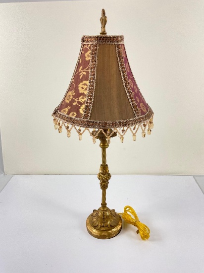 vintage style golden color reading lamp with beaded floral shade. sold as is, see pics