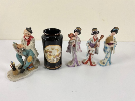 Three vintage Geisha girls porcelain figurines, 1 ceramic artist , & chokin vase