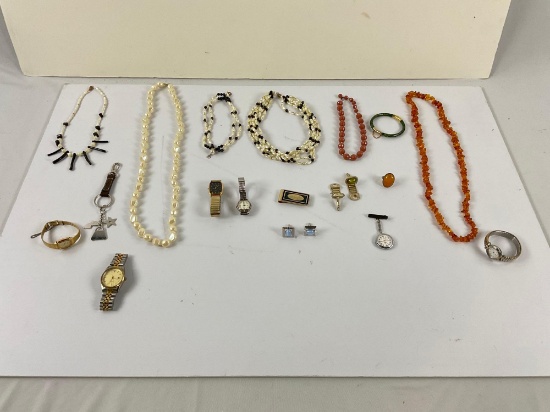 collection of assorted estate jewelry including amber necklace & ring
