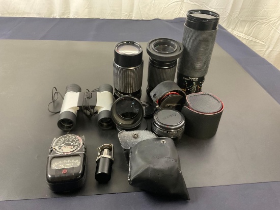 Various Camera Accessories (3 lenses + old fashioned light meter + lens accessories)