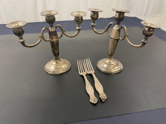 2x Fisher Sterling Silver Weighted Triple Candlestick + 2x Sterling Silver Forks (weight in desc)
