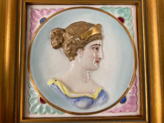 Stunning antique Italian framed painted porcelain tile from the 1800s.