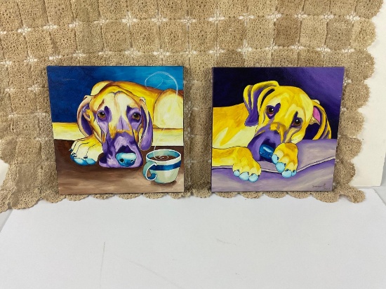 Sandra Spencer painted on canvas signed dog pictures, "Contemplation" and "One More Late Night"