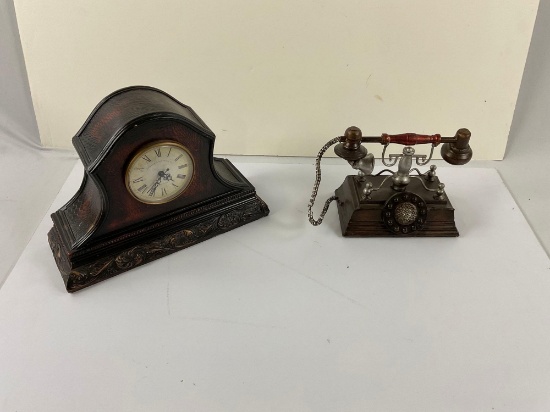 vintage home decor pieces, clock and reproduction antiqued phone