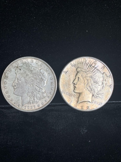 2 x silver dollars 1922 peace dollar & 1921 Silver Morgan dollar