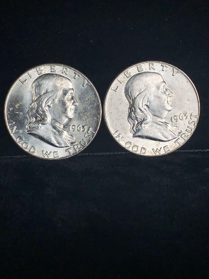 Pair of Uncirculated MS quality 1963-D Silver Franklin Half dollars / see pics
