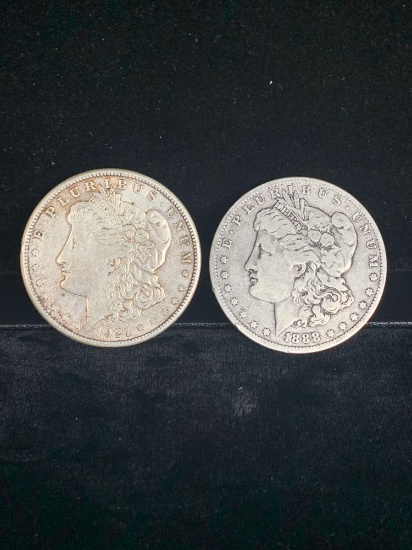 2 x Silver Morgan dollars , 1921-s & better date 1888-O
